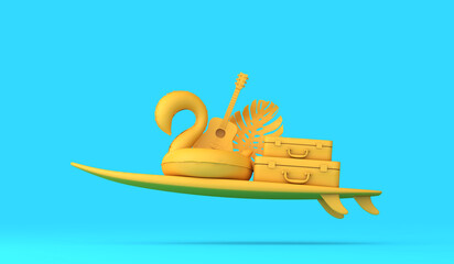 Summer holiday background. Surfboard with vacation suitcase and flamingo pool float. 3D Rendering