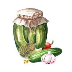 Canned Cucumbers, Watercolor hand drawn illustration, isolated on white background