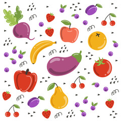 Endless fruit vegetable pattern: eggplant, bell pepper, tomato, orange, apple, blueberry, plum, strawberry, cherry, beet
