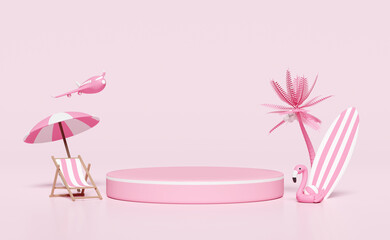 3d cylinder stage podium empty with beach chair,ball, flamingo, palm tree, umbrella, parasol, airplane, surfboard isolated on pink background. shopping summer sale concept, 3d render illustration