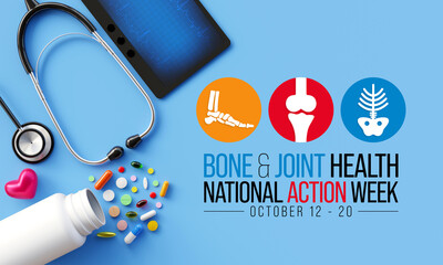 Bone and Joint health action week is observed every year in October, with activities focused on disorders including arthritis, back pain, trauma, pediatric conditions, and osteoporosis. 3D Rendering