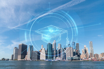 Skyline of New York City Financial Downtown Skyscrapers over East River from park, Dumbo at day time, Manhattan. Technologies and education concept. Academic research, top ranking university, hologram