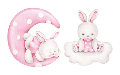 Cute sleeping rabbit, bunny on cloud.Baby print