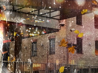 Autumn Rain  in city people with umbrellas,and yellow leaves on window rain drops weather forecast background 