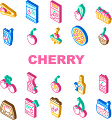 cherry fruit red white berry leaf icons set vector. sour flower, fresh spring branch, blossom sweet food, nature tree, juicy summer ripe cherry fruit red white berry leaf isometric sign illustrations