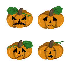 Set of illustrations, Festive pumpkin character, Sad Pumpkin, Angry Pumpkin, Cartoon, Vector in flat style