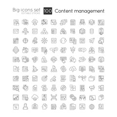 Content management system linear icons set. Digital experience. Social media. Customizable thin line symbols. Isolated vector outline illustrations. Editable stroke. Quicksand-Light font used