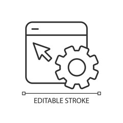 Website settings configuration linear icon. Page content modification. Kind of website. Customization. Thin line illustration. Contour symbol. Vector outline drawing. Editable stroke. Arial font used