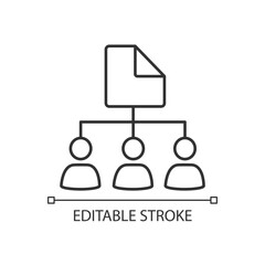 Sharing file with different users linear icon. Access to document for multiple accounts. Permissions. Thin line illustration. Contour symbol. Vector outline drawing. Editable stroke. Arial font used