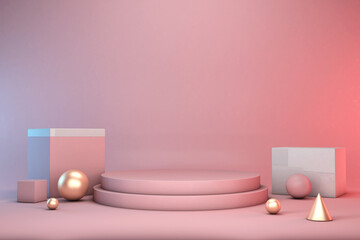 3d render mock up podium for cosmetics product presentation, pink podium on the pink background abstract geometry 3d illustration and graphic resource