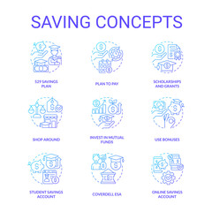 Saving for education blue gradient concept icons set. Student financial funds. Collage payments idea thin line color illustrations. Isolated symbols. Roboto-Medium, Myriad Pro-Bold fonts used