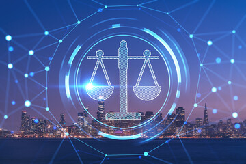 Skyline of San Francisco Panorama at Illuminated night time from Treasure Island, California, United States. Glowing hologram legal icons. The concept of law, order, regulations and digital justice