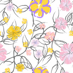 Pink Flowers Blooming Pattern. Pastel Watercolor.