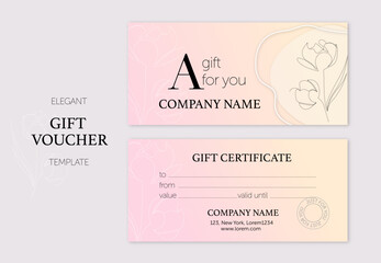 Set of modern gift cards template. Modern style beige vector illustration of flowers on pink beige background for saloon, gallery, spa, shop. Gift voucher coupon certificate