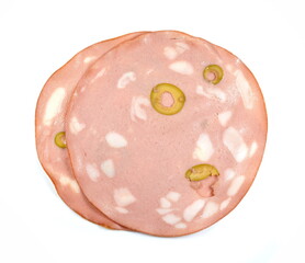 Slices of Sausage Mortadella with olives isolated on white background. Thin slices of mortadella...