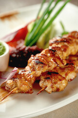 Chicken shish kebab with salad and sauce. Close-up selective focus. Grilled meat