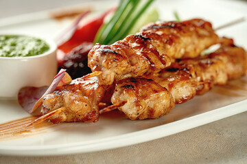 Chicken shish kebab with salad and sauce. Close-up selective focus. Grilled meat