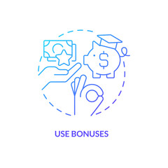 Use bonuses blue gradient concept icon. Alternative financial sources. Tip for saving for college abstract idea thin line illustration. Isolated outline drawing. Myriad Pro-Bold font used