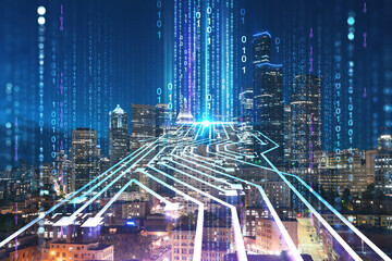 Fototapeta na wymiar Illuminated aerial cityscape of Seattle, downtown at night time, Washington, USA. Artificial Intelligence concept, hologram. AI, machine learning, neural network, robotics