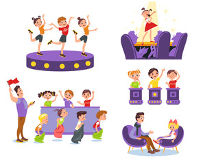 Kids TV show. Erudition quiz and talent competition. Childish media programs. Music and sport contests. Studio with hosts and jury. Television projects participants. Splendid vector set