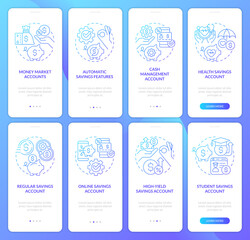 Saving accounts types blue gradient onboarding mobile app screen set. Money walkthrough 4 steps graphic instructions with linear concepts. UI, UX, GUI template. Myriad Pro-Bold, Regular fonts used