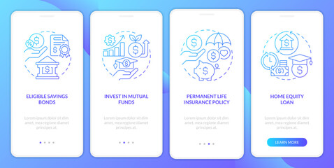 Fototapeta premium Ways to save for college blue gradient onboarding mobile app screen. Finance walkthrough 4 steps graphic instructions with linear concepts. UI, UX, GUI template. Myriad Pro-Bold, Regular fonts used