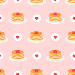 Stack of pancakes with berries on plate pattern with hearts on pink background, cute food ornament for menu design