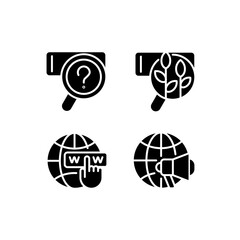 Search engine marketing black glyph icons set on white space. Web queries. Natural SEO. Website traffic. Promoting globally. Silhouette symbols. Solid pictogram pack. Vector isolated illustration