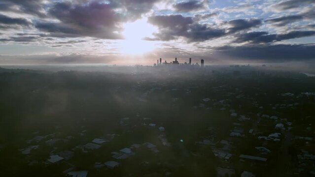 Dawn sunrise drone aerial over Brisbane, QLD, Australia