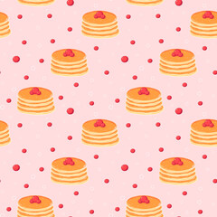 Stack of pancakes on plate pattern with berries on pink background, cute food ornament for menu design