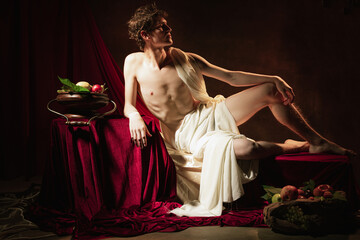 Colorful fictional portrait of young adorable man in image of famous historical character, medieval...