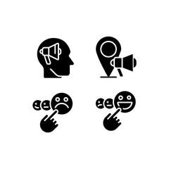 Promotion and feedback black glyph icons set on white space. Neuromarketing technique. Local marketing. Client satisfaction. Silhouette symbols. Solid pictogram pack. Vector isolated illustration