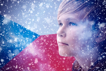 Isolate. Cold weather. Bask. A man in a fur hat and scarf warms his hands with his mouth. It's...