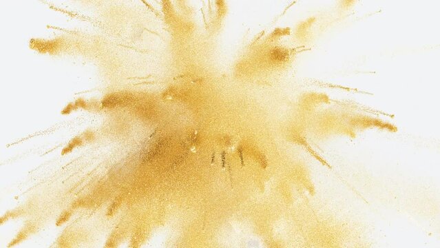 Golden Explosion Confetti Glitter on Bright Animation White Background. Celebration Elegant Stylish Colourful Burst. Isolated Explode Sparkle Particles. Beautiful Cg 3d Flickering Explosion Close-up