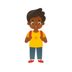 Cute african american school boy with backpack. Cartoon happy student standing.
