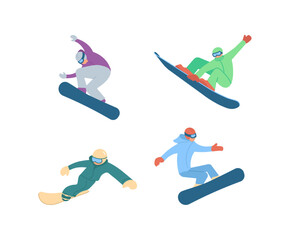 Fototapeta premium Set of snowboarders with tricks isolated on white