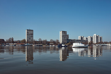 Fototapeta na wymiar View of Zemun, Belgrade, Serbia, from Lido beach and Danube river.