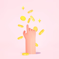 3d render money fly and hand on pink background. Cash money. Rain of gold coins.Bonus, cashback, discount, profit cartoon concept. Vector illustration