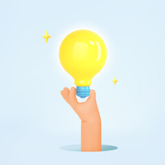 3d render hand hold light bulb on blue background. Idea lamp icon. Solution, business, strategy, electric, and creative idea cartoon concept. Vector illustration
