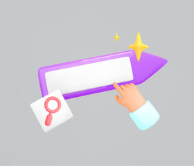 3d render search bar, pointihg click hand and magnifying glass icon. Concept web search, online research, seo icon. Site element vector illustration