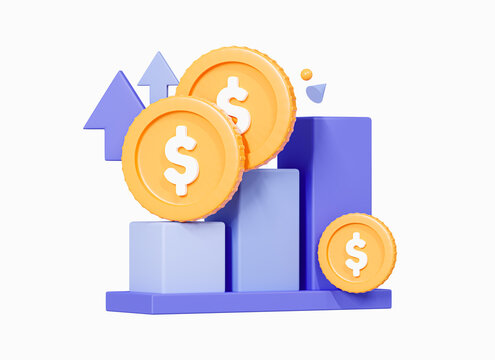 3D Growth chart of the dollar. Trade arrow and exchange price chart. Investing in currency. Business financial trading concept. Cartoon creative design icon isolated on white background. 3D Rendering