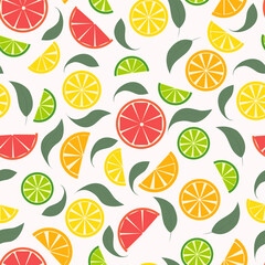 Seamless pattern made with citrus fruits slices. Oranges, lemon, grapefruit and lime. Decorated with green leaves. Fresh summer vibes.