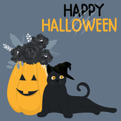 Happy Halloween vector illustration. A black cat with pumpkin.