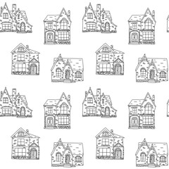 Seamless pattern with cute houses or castle. Residential district. Small houses in urban, suburban or countryside landscape for surface design and other design projects