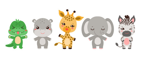 Kawaii animals set. Vector graphics. Cute safari animals isolated on white background.