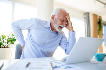 Naklejka premium Senior businessman working sitting at desk suffers from lower back pain. Damage of intervertebral discs, spinal joints, compression of nerve roots caused by wrong posture and sedentary work