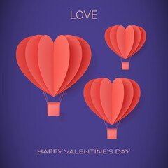 Love. Happy valentines day. Vector red greeting paper valentine in the shape of a hot air ballon heart with a shadow on a blue background. Sweetheart silhouette. Creative concept gift card. Love icon