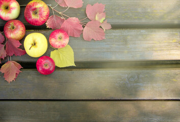 Colourful apples with red and yellow leaves on natural wooden background flat lay. Copy space