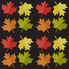 Autumn leaves seamless pattern,background. Pixel cross-stitch embroidery art,game, wallpaper. Vector illustration. Pixel art of Maple Leaf, Flag  Canada. Happy thanksgiving day card, envelope, magazin