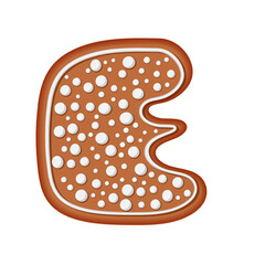 Gingerbread alphabet. Creative gingerbread typography design. Biscuit traditional decorative alphabet. Christmas Cookie font. Letter E.